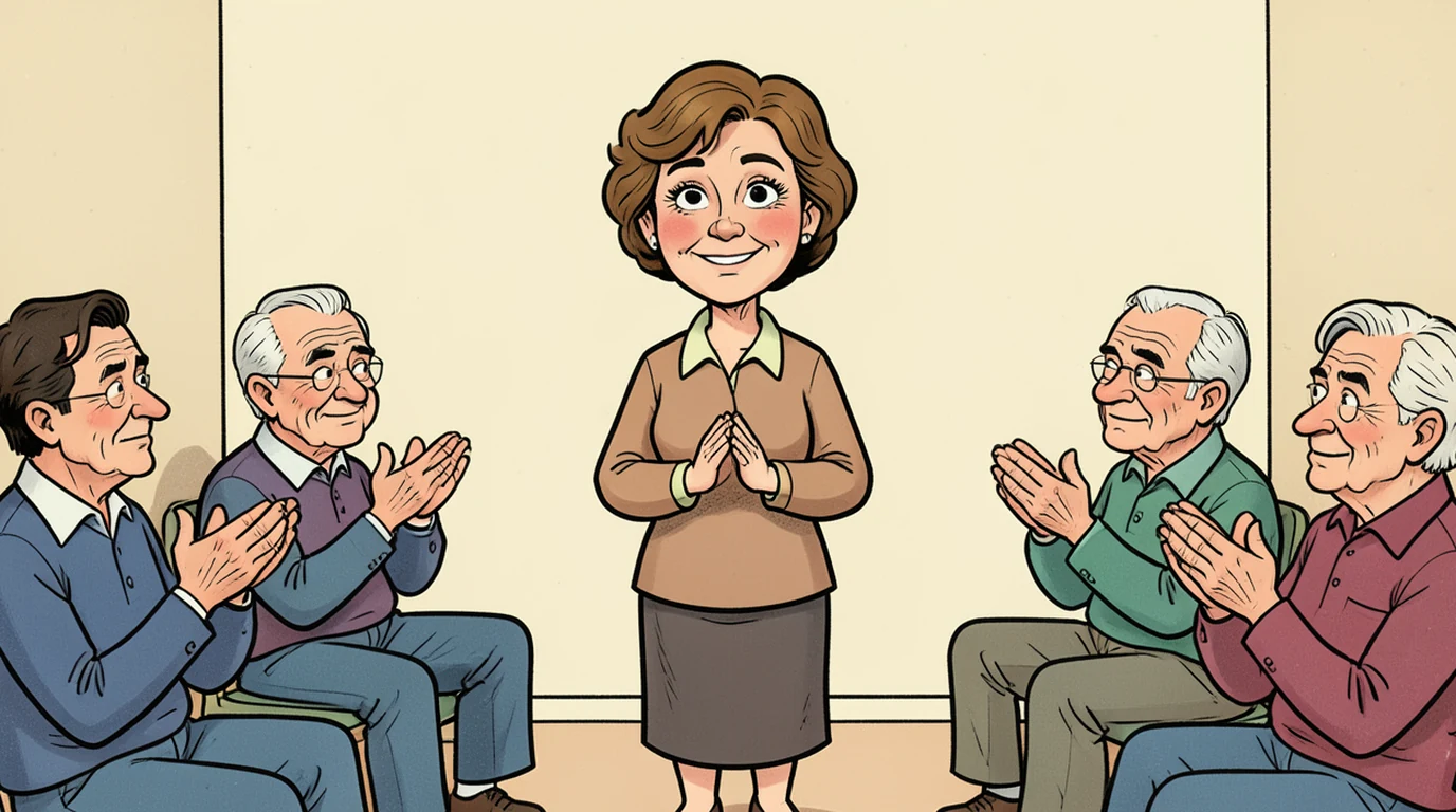 Cartoon: a woman in her fifties stands at the front of a room while everybody claps, in the middle of the picture, her smile not reaching her eyes
