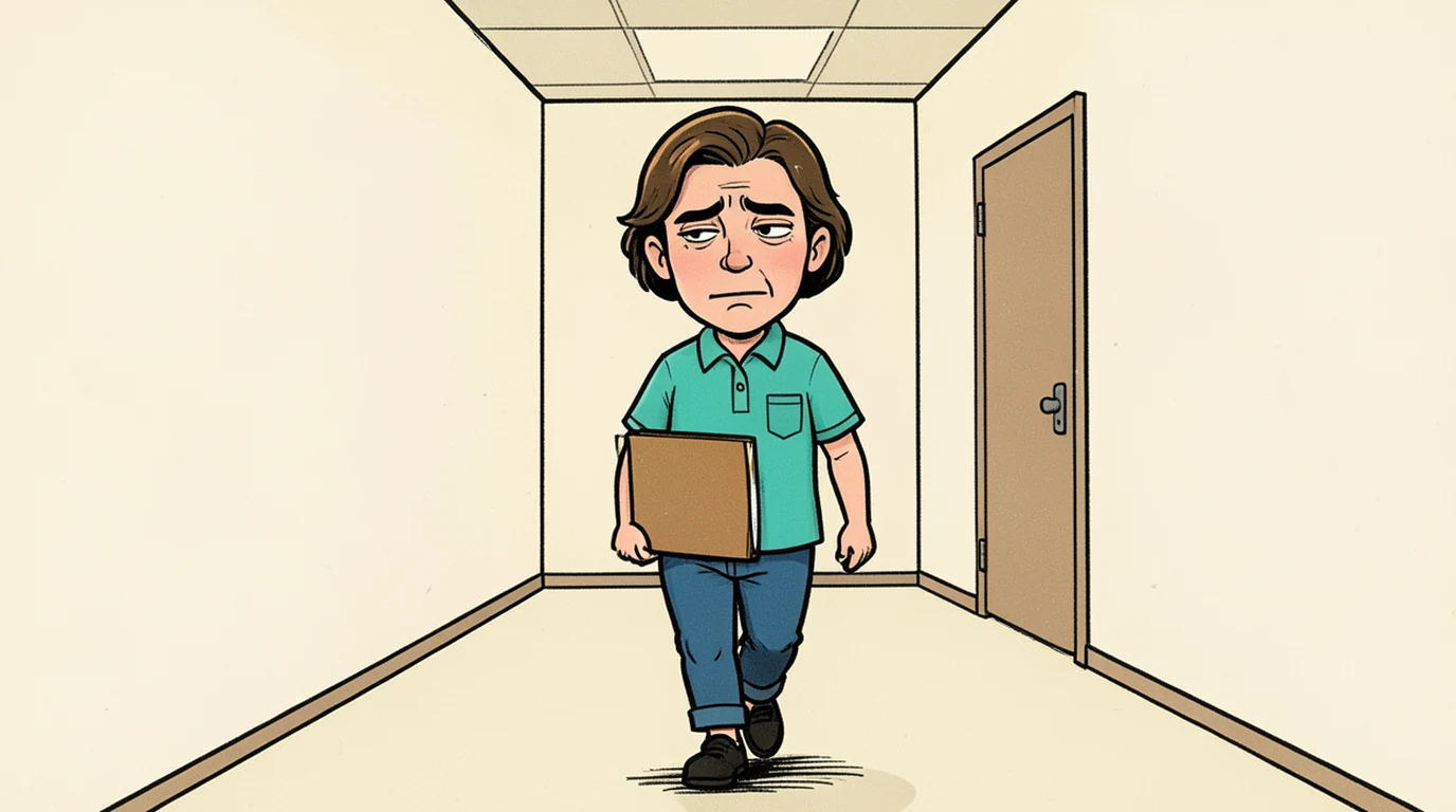 Cartoon: a woman walks alone down an office corridor carrying a folder, in the middle of the picture