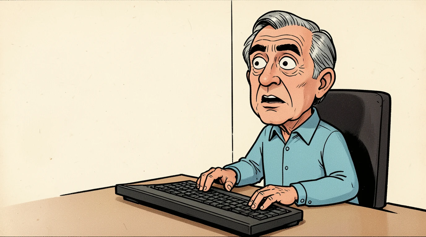 Cartoon: a man in his forties sits at a desk with both hands resting on a keyboard, not typing, in the right half of the picture
