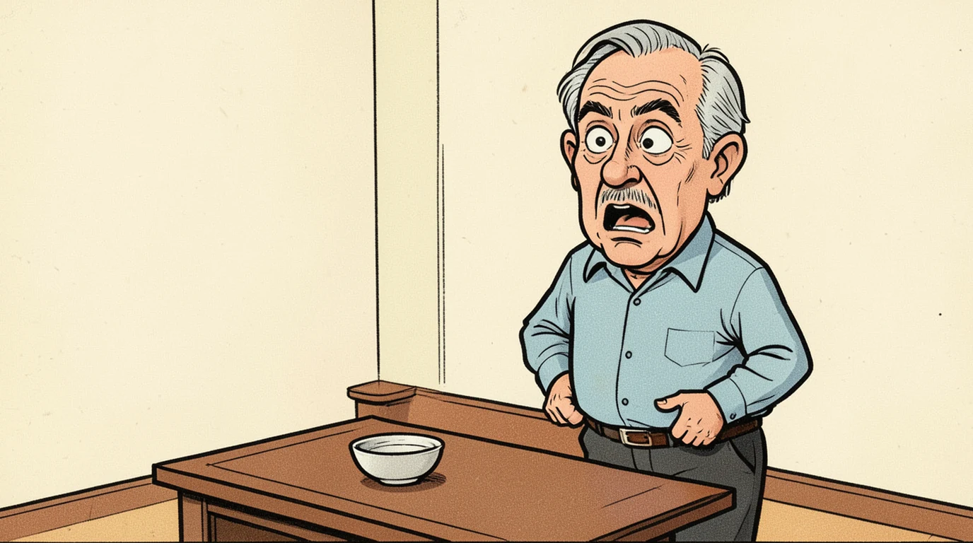 Cartoon: a man in his fifties stands at a hall table patting his pockets, mouth open mid sentence, in the right half of the picture