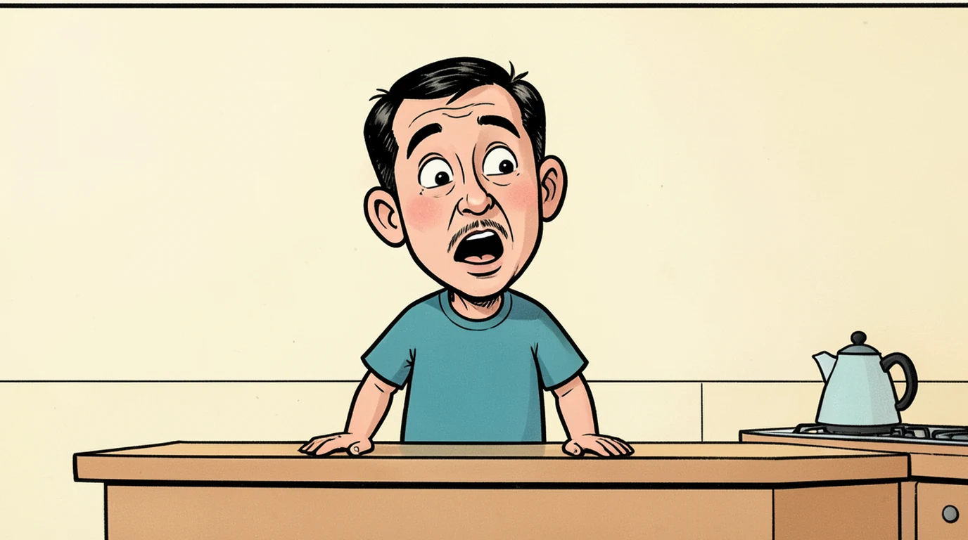 Cartoon: a man stands alone at a kitchen counter talking out loud to nobody, mouth open mid sentence, in the middle of the picture