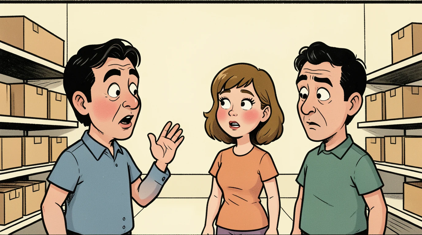 Cartoon: a woman in a supermarket aisle is talking to herself and has just noticed a stranger hearing her, in the left half of the picture