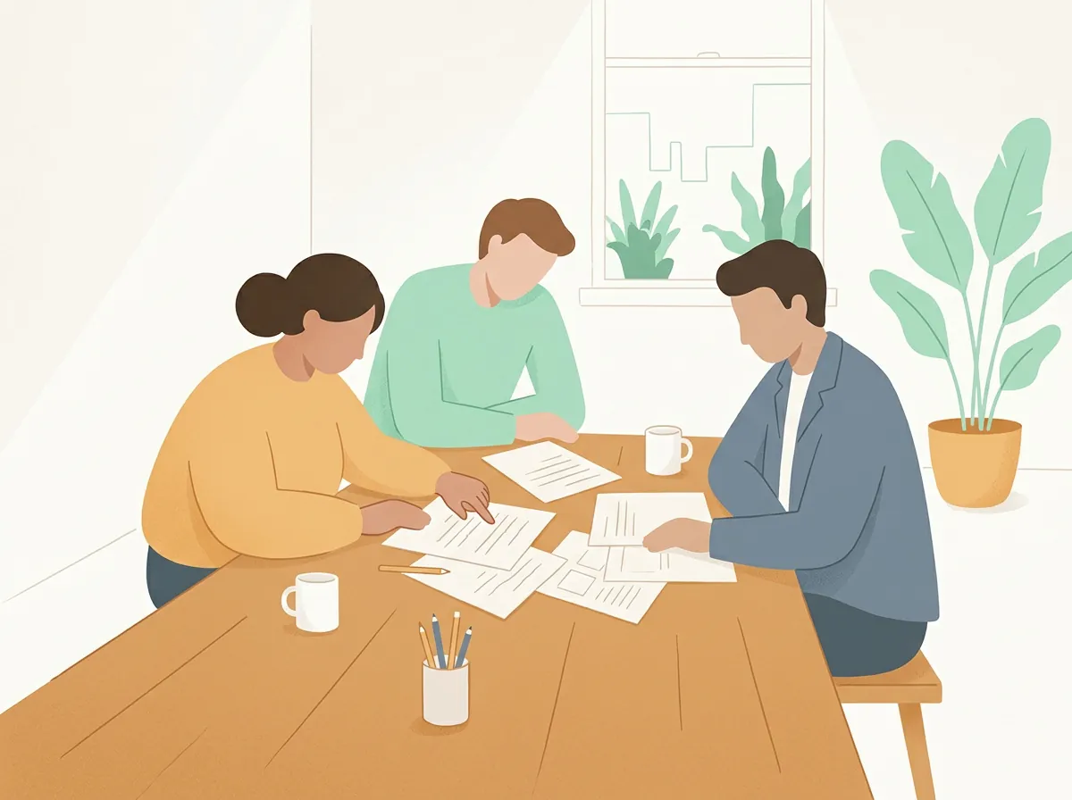 Illustration of a small team at a table with notebooks
