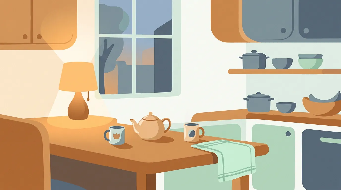 Illustration of a quiet kitchen in the evening with two mugs on the table