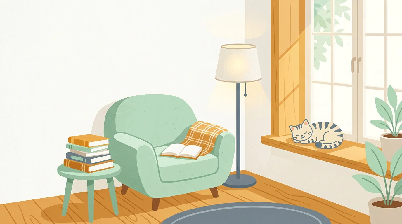 Illustration of a sunny reading corner with an armchair and books