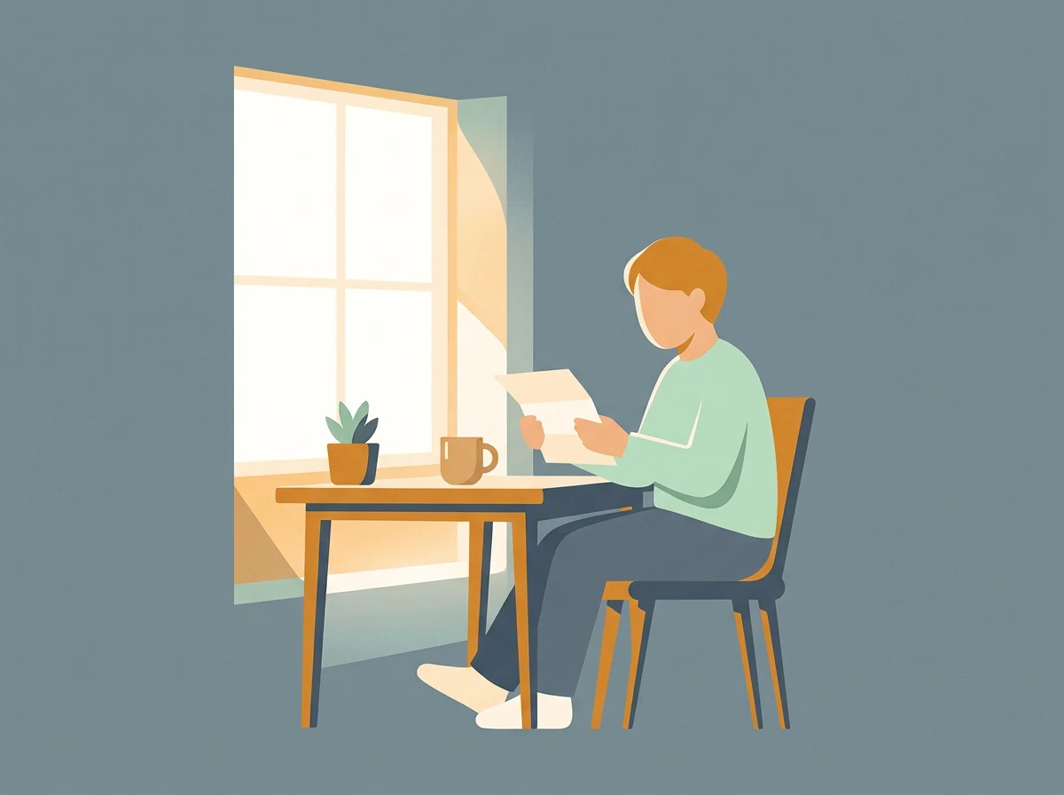 Illustration of a person reading a letter at a desk by a bright window