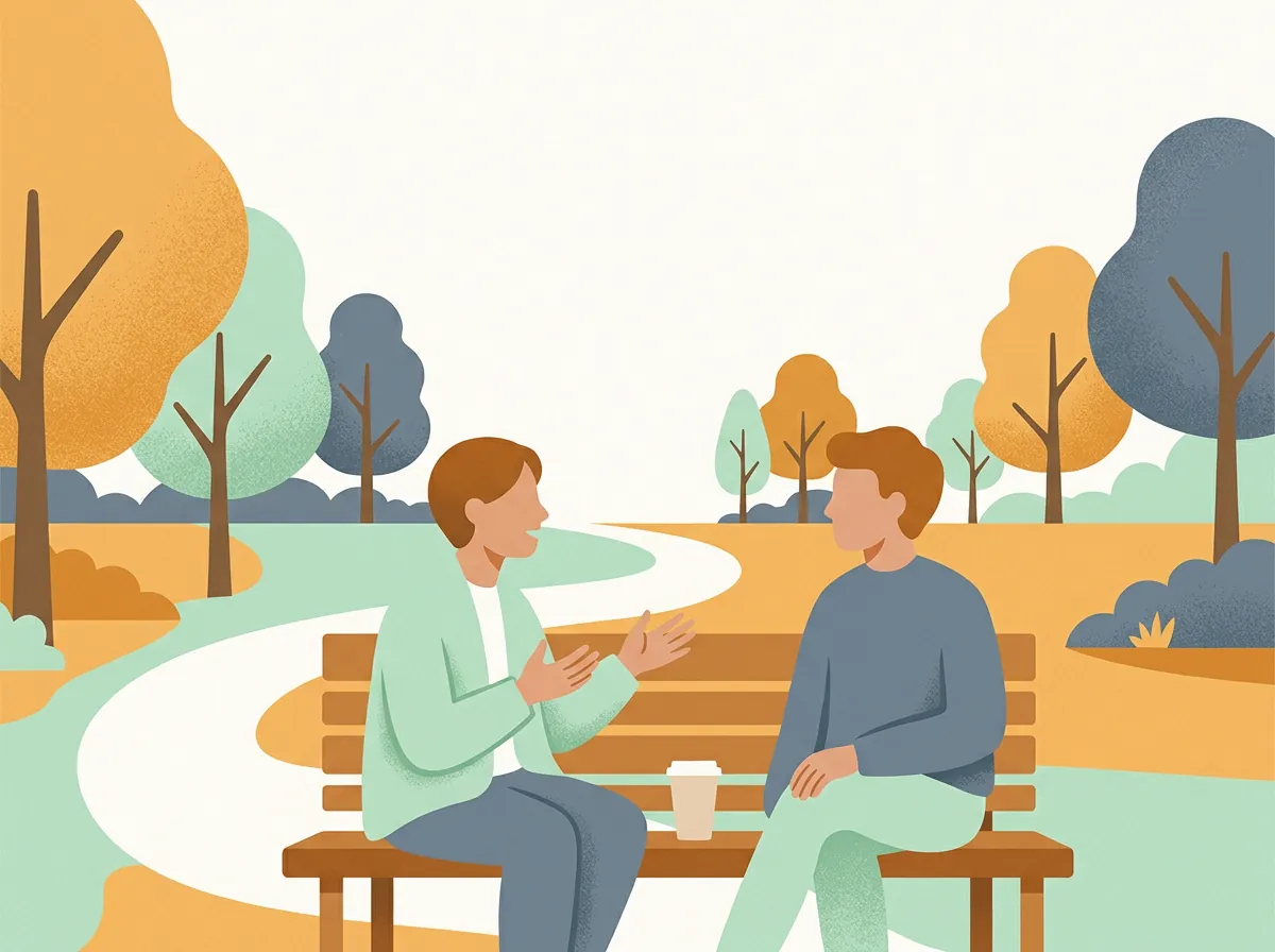 Illustration of two friends talking on a park bench