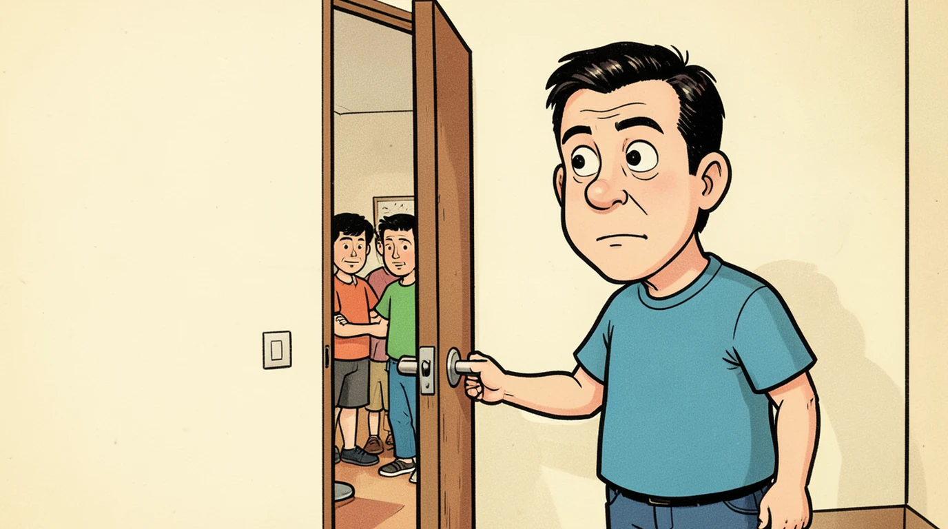 Cartoon: a man stands with his hand on a door handle, not opening it, taking up the right half of the picture