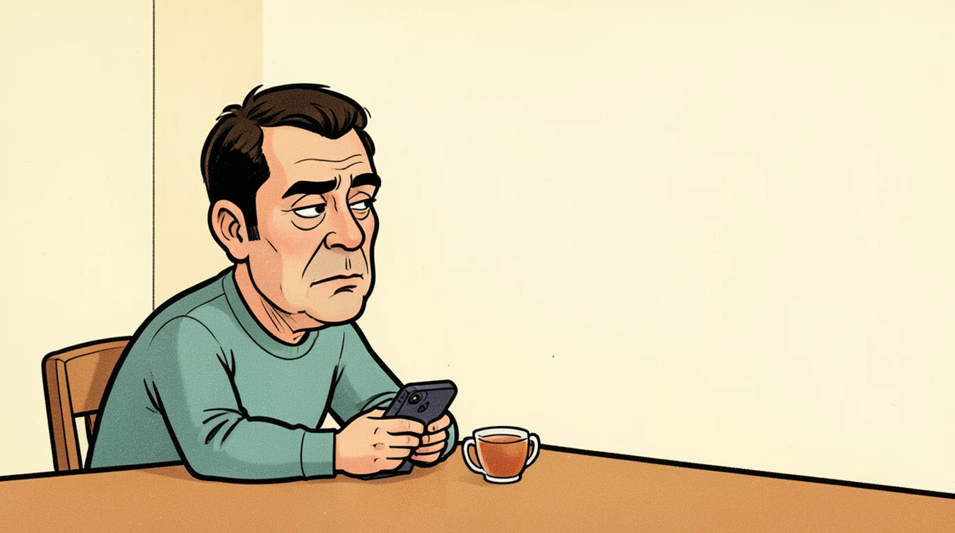 Cartoon: a man sits at a kitchen table with a phone face down under his hand, staring at the far wall, in the left half of the picture