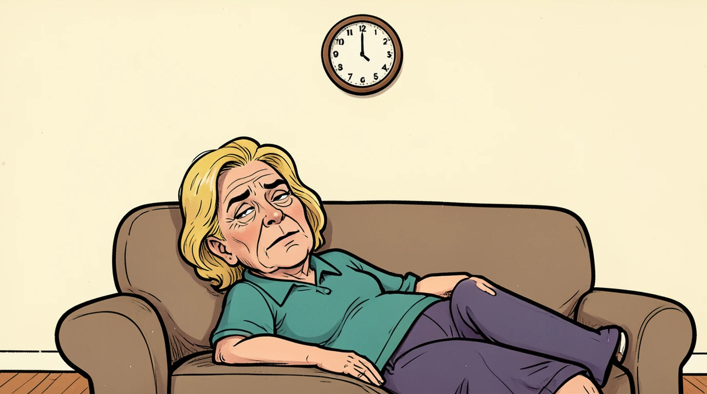 Cartoon: a woman in her forties lies on a sofa in the middle of the night, wide awake, in the lower half of the picture