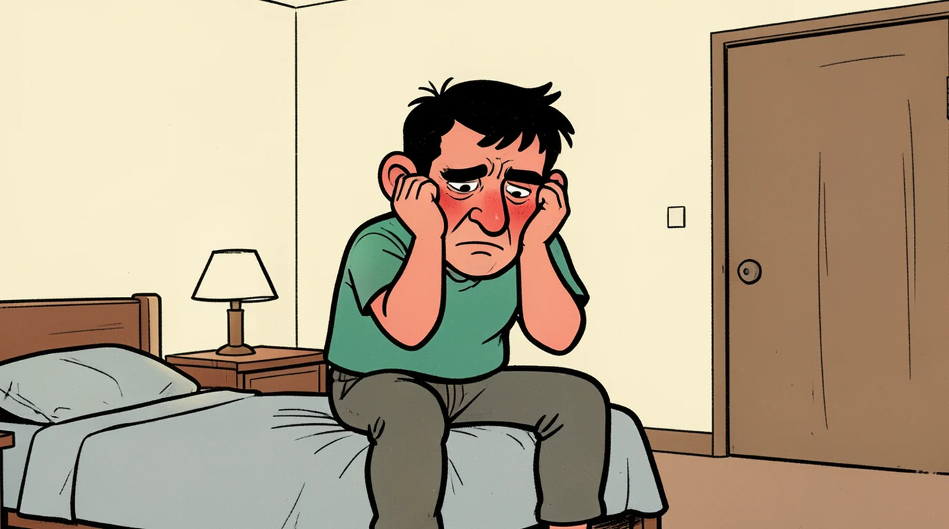 Cartoon: a man sits on the edge of a bed at night with his head in both hands, taking up the middle of the picture