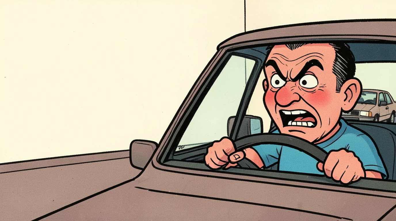 Cartoon: a man sits behind the wheel of a car in the right half of the picture, both hands gripping the wheel, shouting