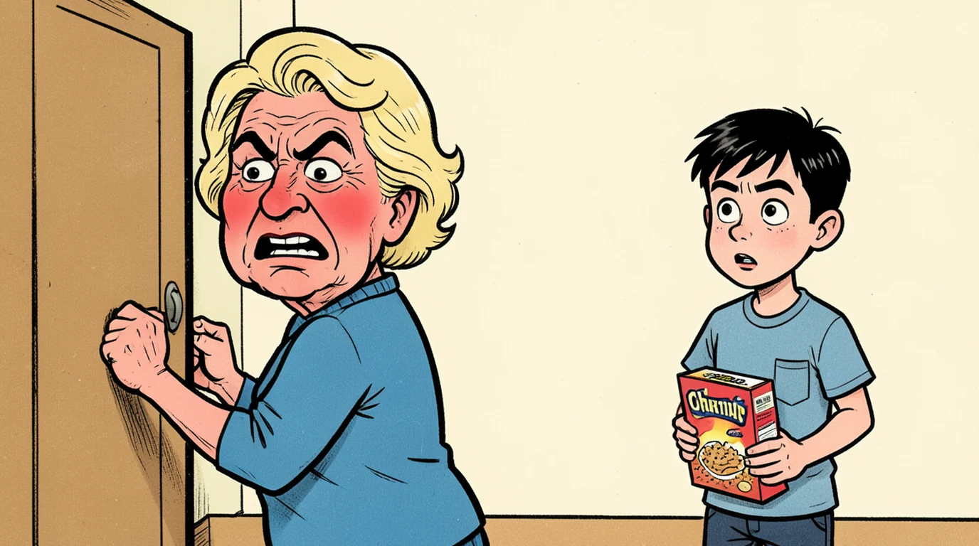 Cartoon: a woman in her forties in a kitchen has just slammed a cupboard door shut and is turning away, filling the left half of the picture