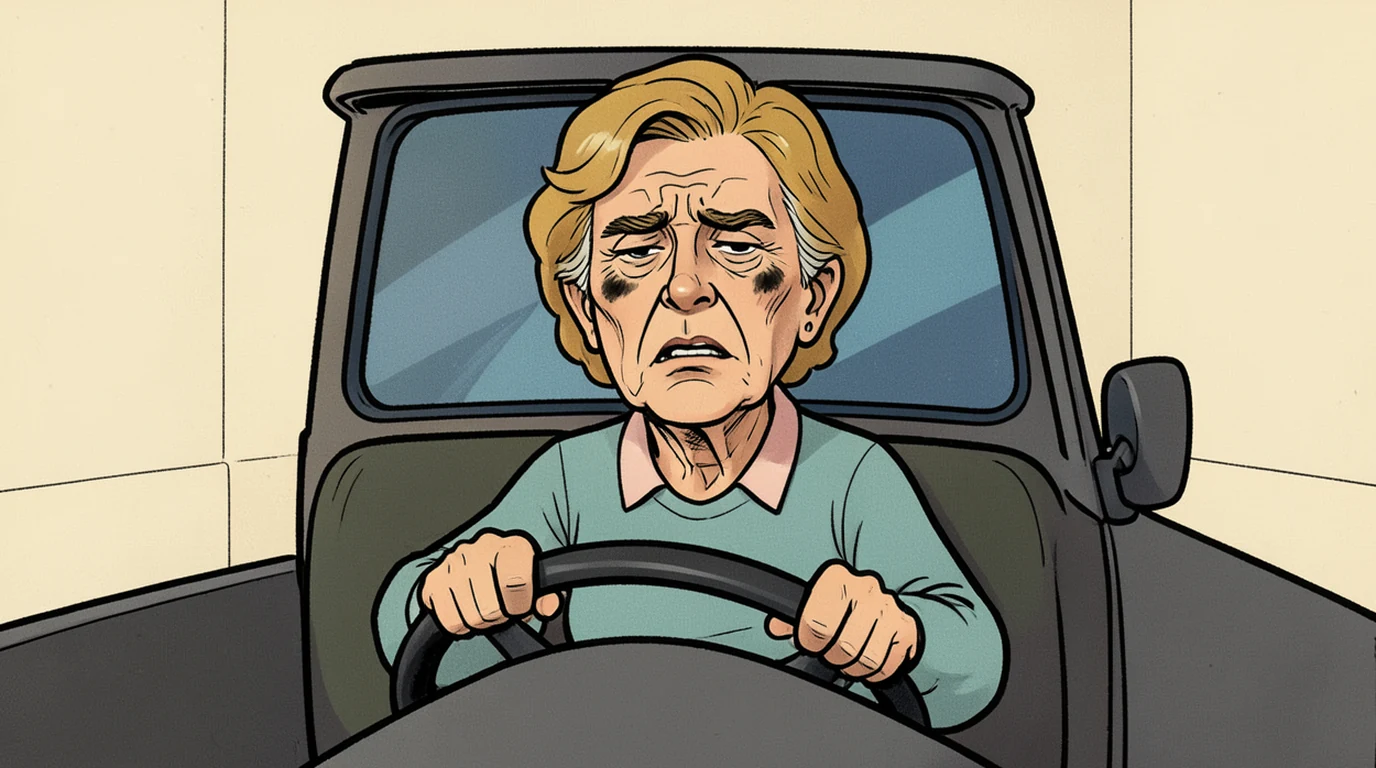 Cartoon: a woman in her forties sits alone in a parked car with both hands still on the wheel, not driving, in the middle of the picture