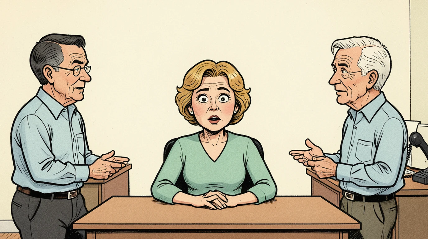 Cartoon: a woman in her forties sits at a desk in an open office, gone completely still, in the middle of the picture