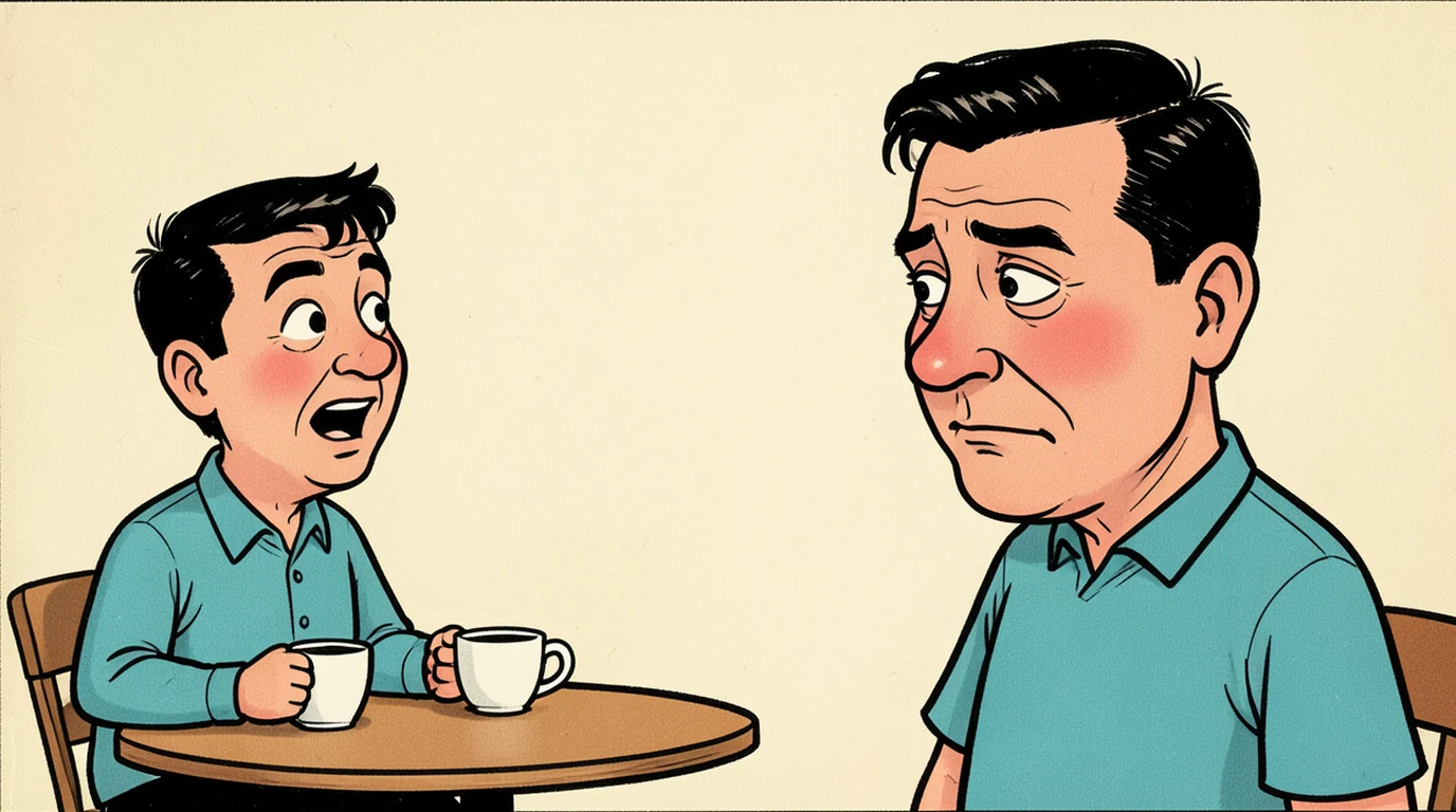 Cartoon: a man in the right half of the picture has just been told something small and has gone still, his face changed