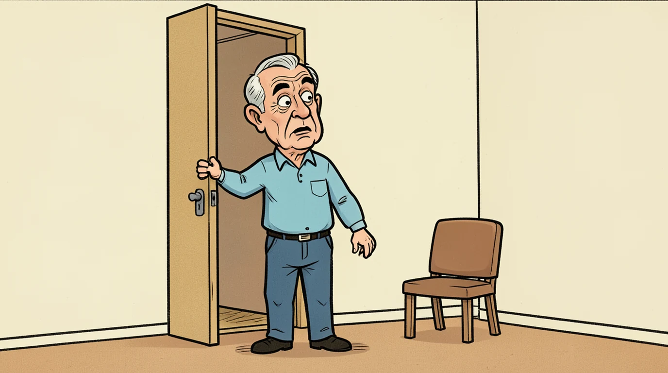 Cartoon: a man in his fifties stands in a doorway with his hand still on the frame, having forgotten what he came in for