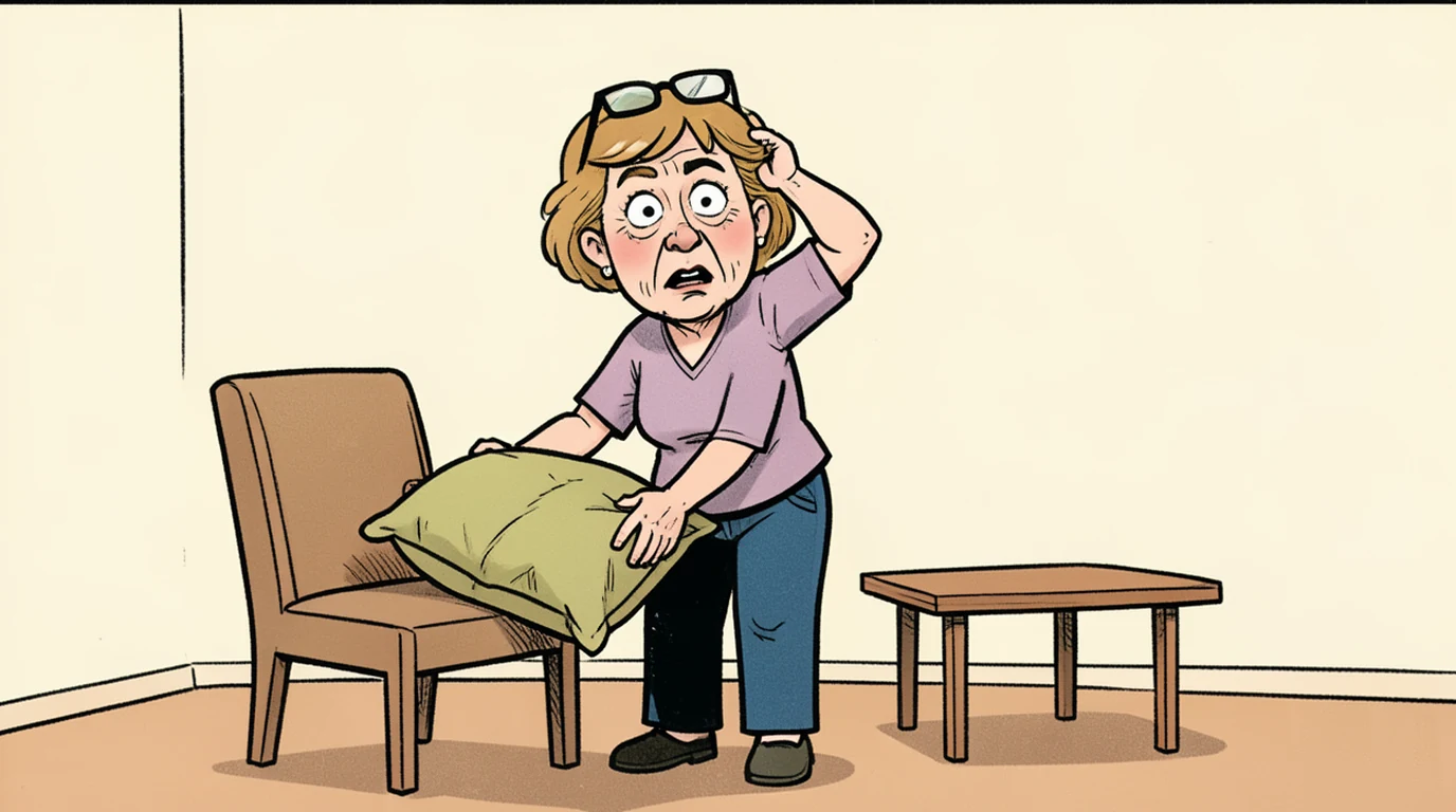 Cartoon: a woman in her forties searches a room for her glasses while they sit on top of her head