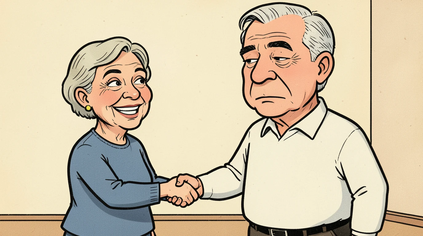 Cartoon: two people in their fifties shake hands at a party while the man's face has already gone blank