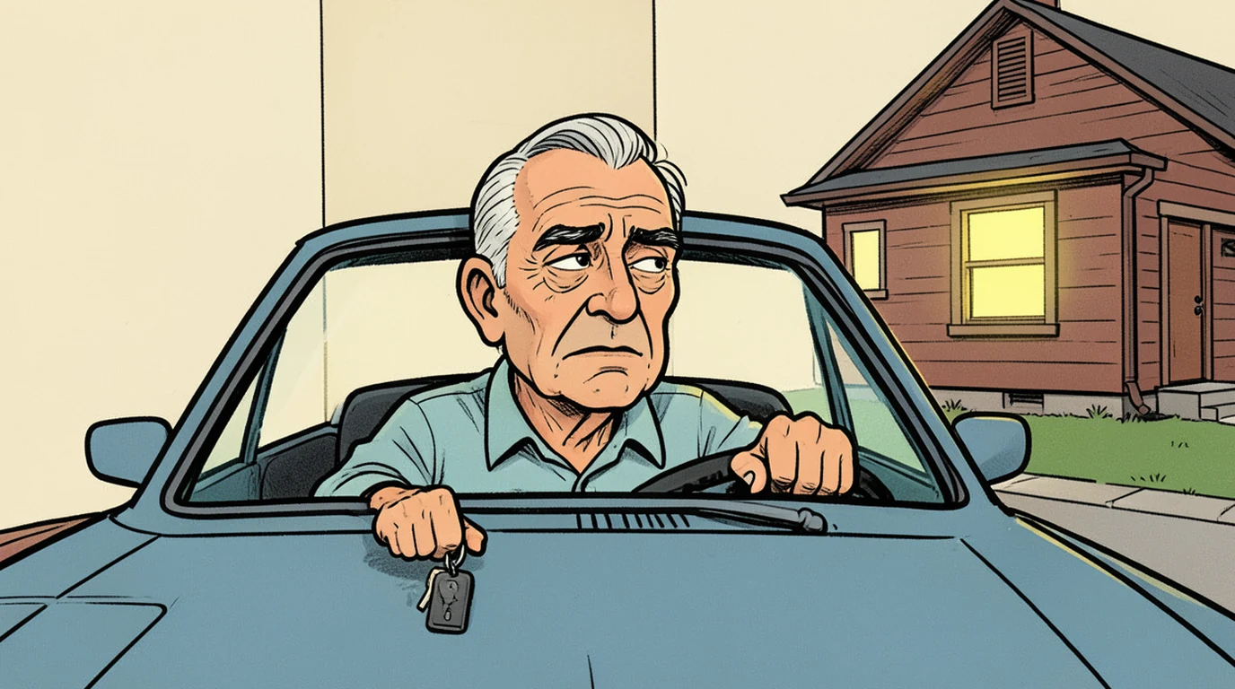 Cartoon: a man in his fifties sits in a parked car filling the middle of the picture, keys in his hand, not getting out