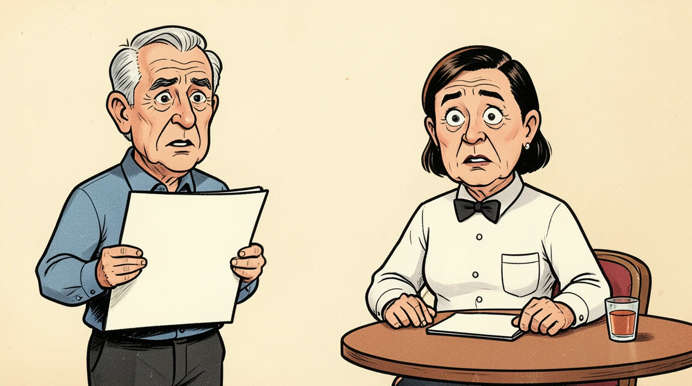 Cartoon: a man in his fifties holds a large open menu with nothing written on it, in the left half of the picture, while a waiter in his thirties waits beside him