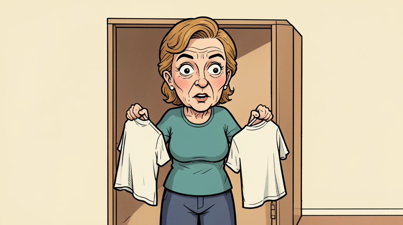 Cartoon: a woman in her forties stands in front of a wardrobe holding one shirt in each hand, looking from one to the other, in the middle of the picture
