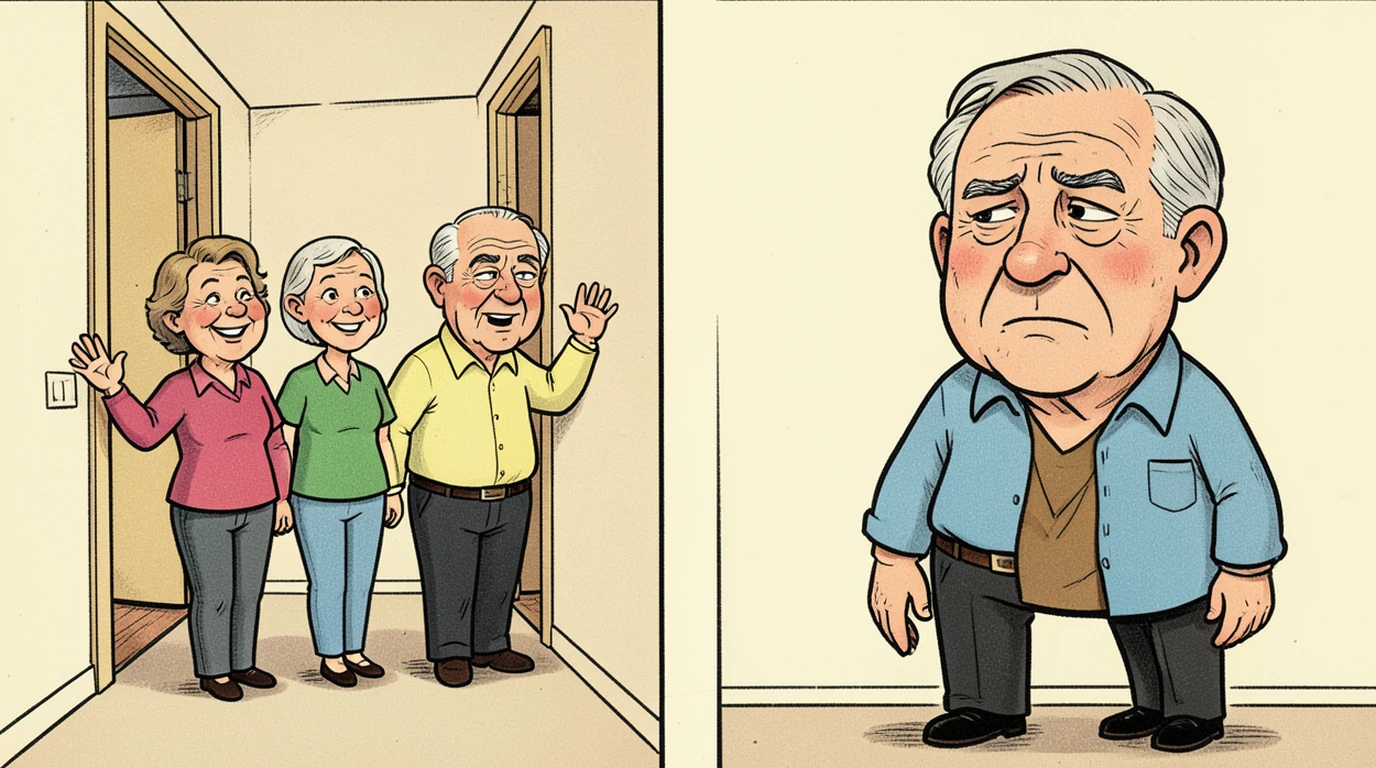 Cartoon: a man in his fifties stands at his own front door saying goodbye to two friends of the same age who are leaving, in the right half of the picture