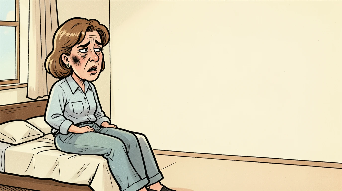 Cartoon: a woman sits on the edge of an unmade bed in the afternoon, still in yesterday's clothes, in the left half of the picture