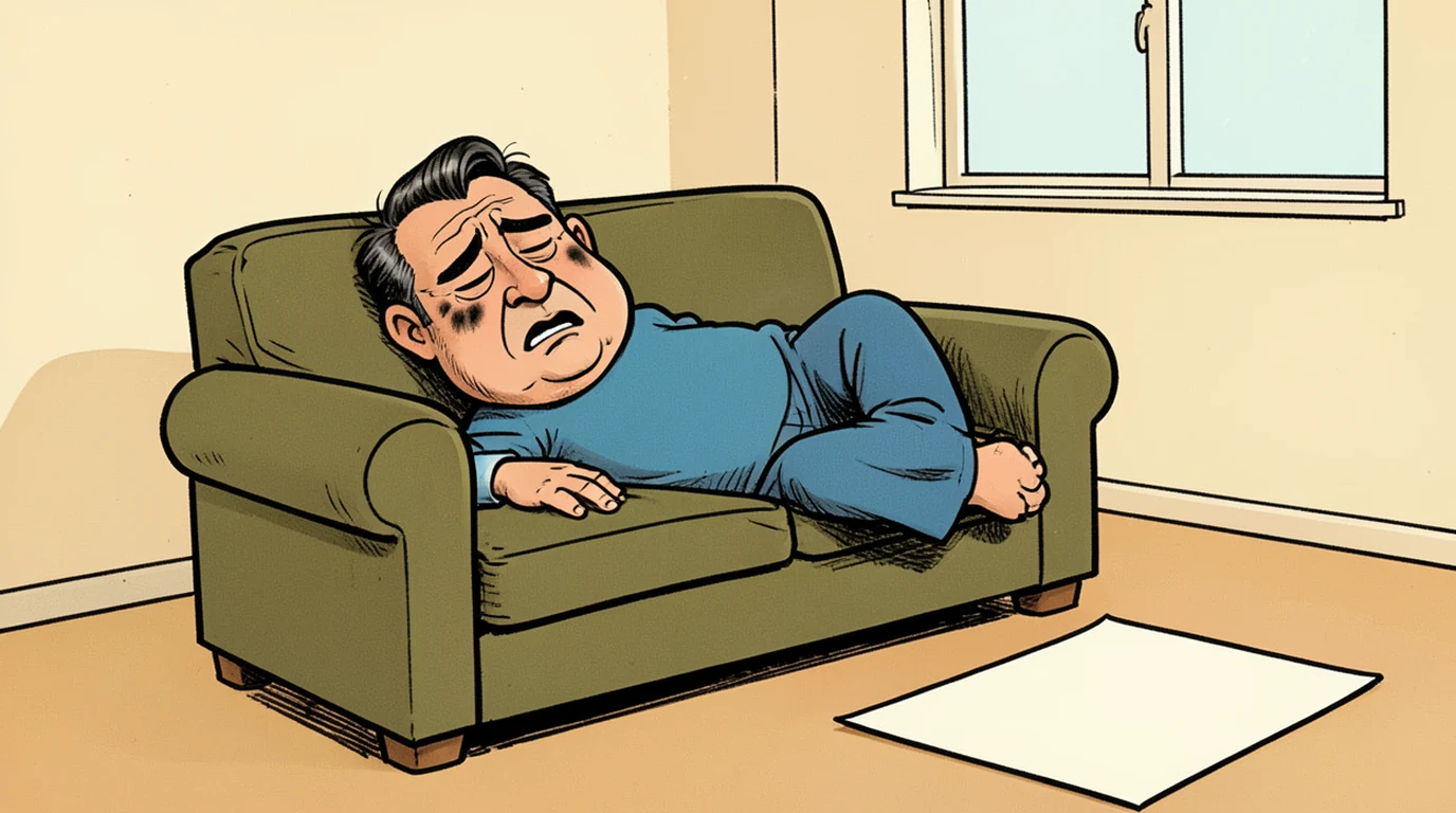 Cartoon: a man lies slumped deep in a sofa in the middle of the day, taking up the middle of the picture