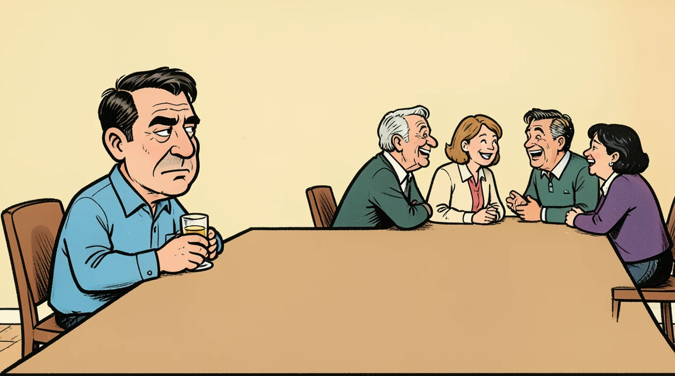 Cartoon: a man sits alone at one end of a long table holding a glass, with an empty chair on each side of him, while four people at the far end talk and laugh with each other
