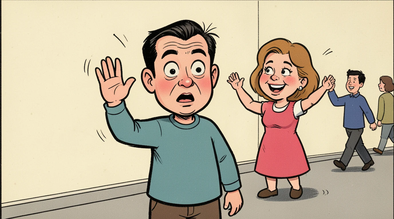 Cartoon: a man has half raised his hand to wave back, while the woman behind him is waving at somebody else walking past