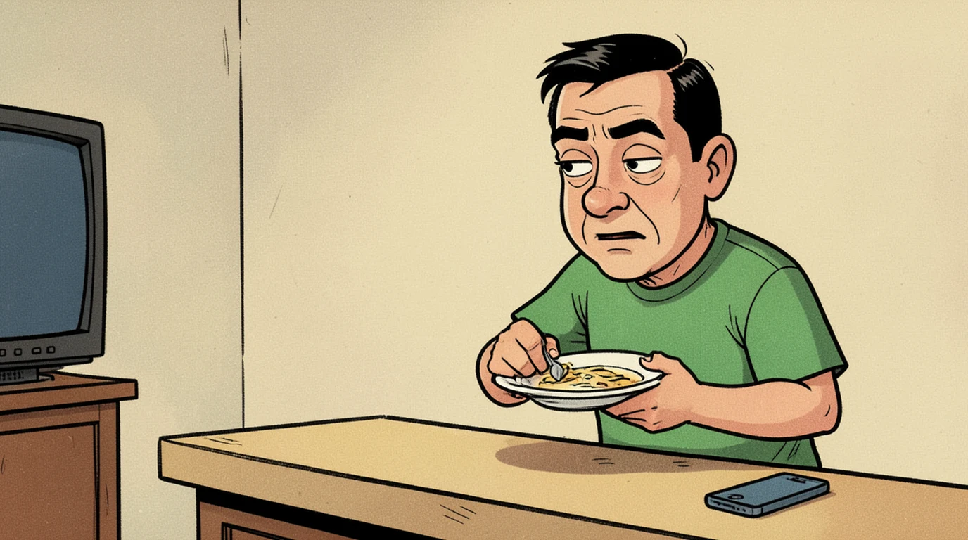 Cartoon: a man stands alone at a kitchen counter late at night eating from a plate, his phone face down beside him and a television on in the next room