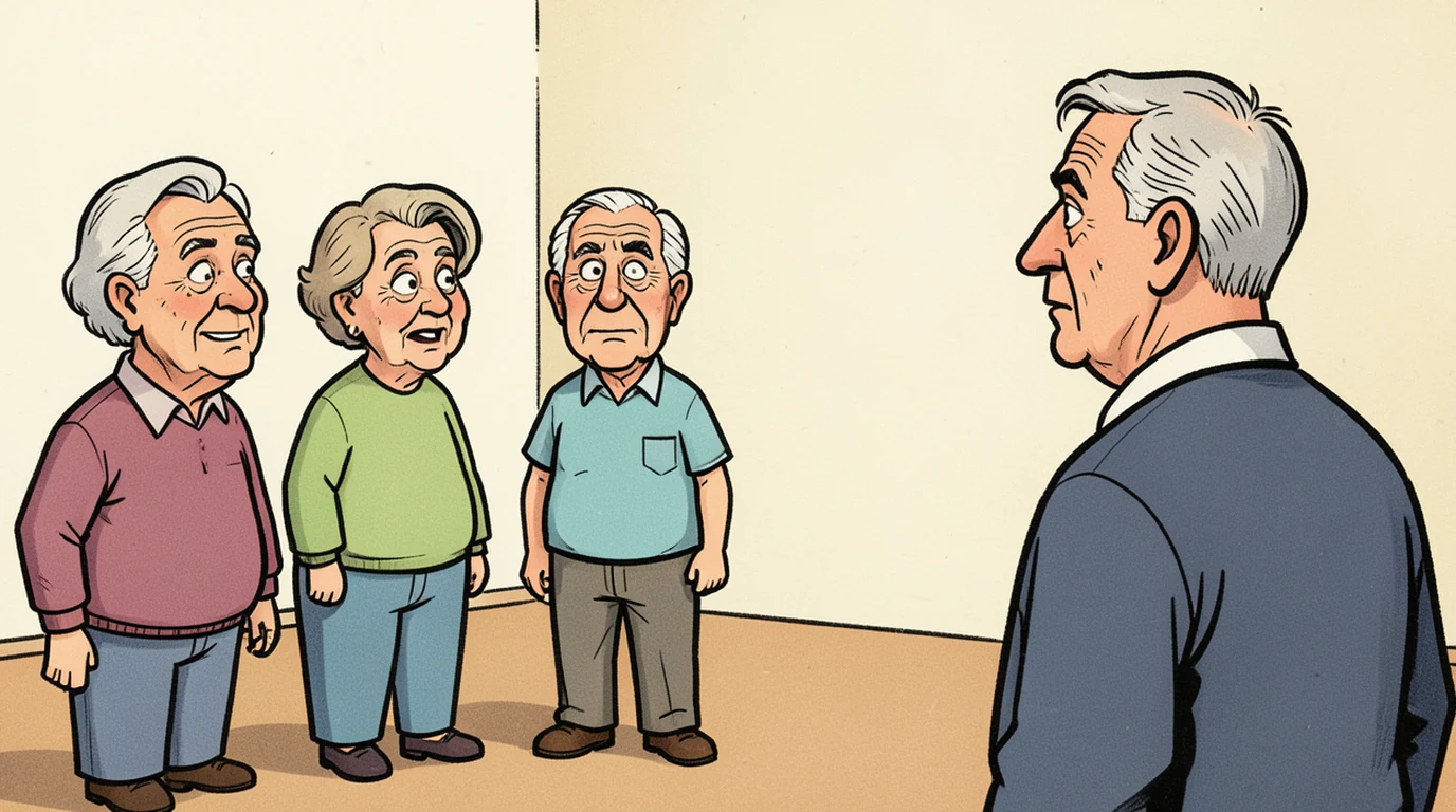 Cartoon: a man in his forties stands half a step back from four adults who are talking together, his shoulder turned away from them, in the right third of the picture