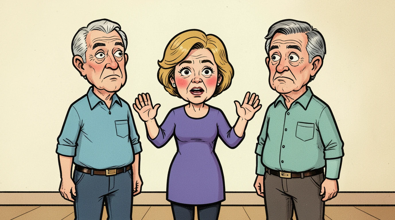 Cartoon: a woman in her forties stands between three adults with her hand still half raised, in the middle of the picture