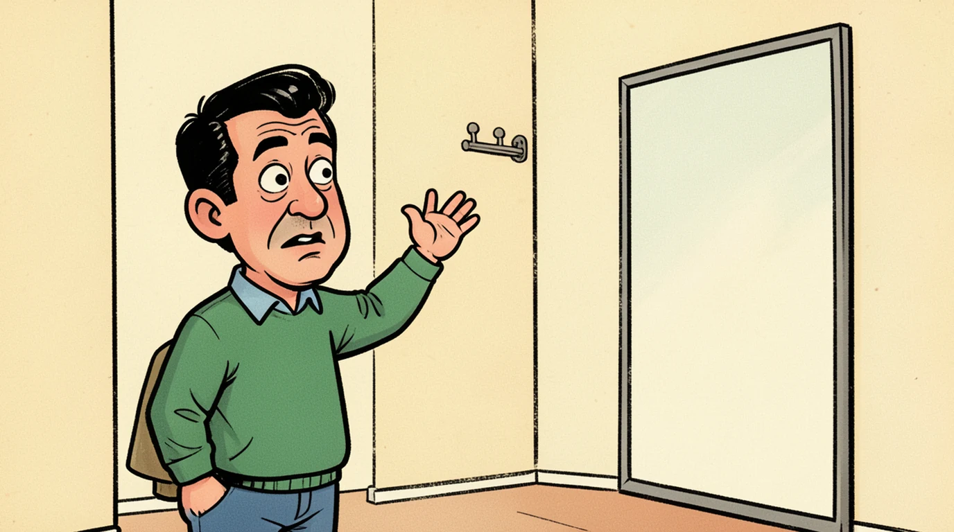 Cartoon: a man stands in front of a plain mirror in a hallway practising what to say, one hand raised, in the left half of the picture