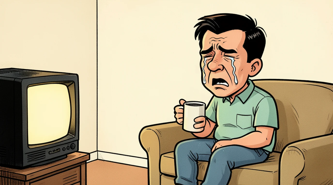 Cartoon: a man sits alone on a sofa in the right half of the picture, crying, with a mug in one hand