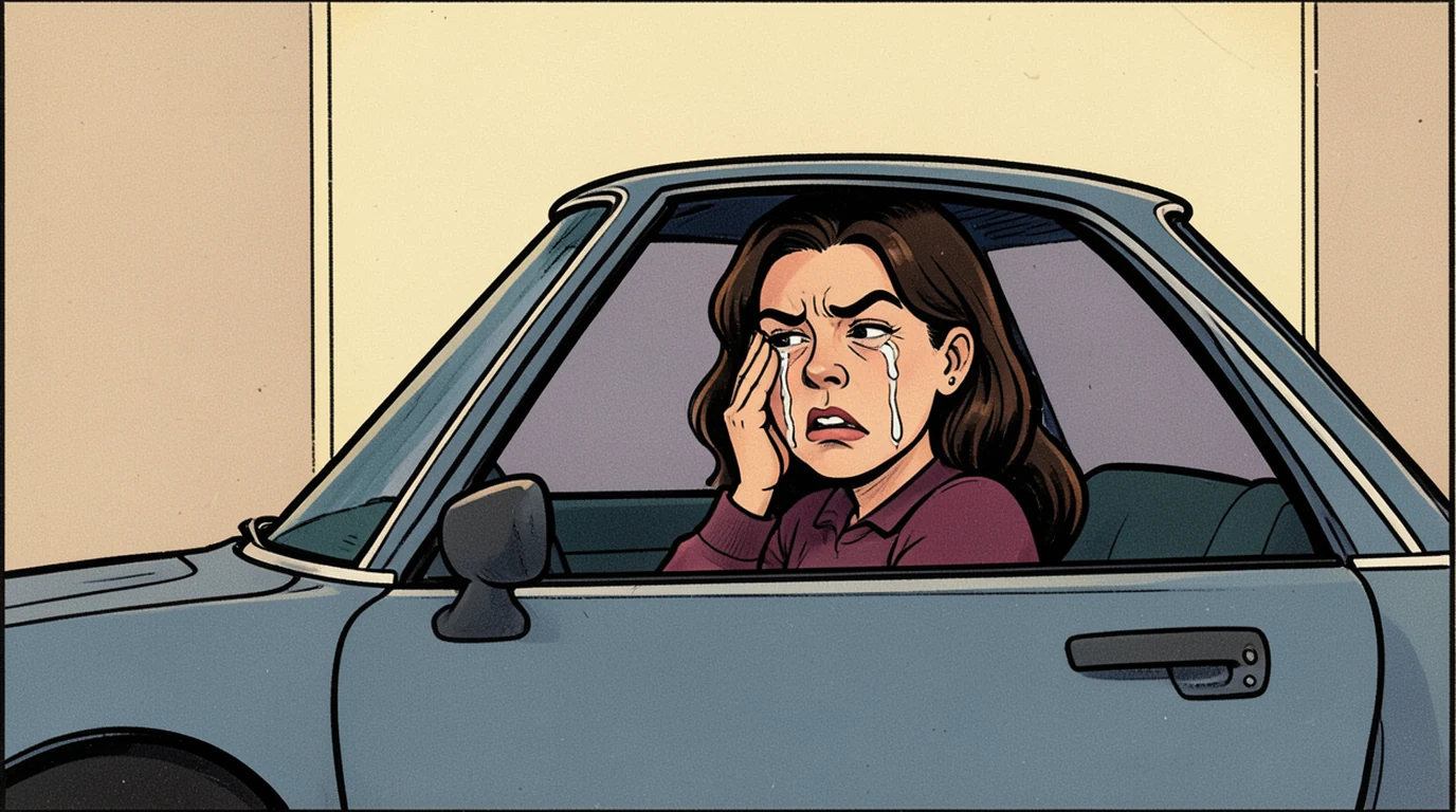 Cartoon: a woman sits alone in a parked car, seen through the side window, wiping her face with the back of her hand