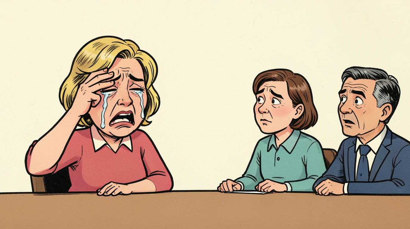 Cartoon: a woman at a meeting table in the left half of the picture is crying and trying to stop, one hand up near her eye