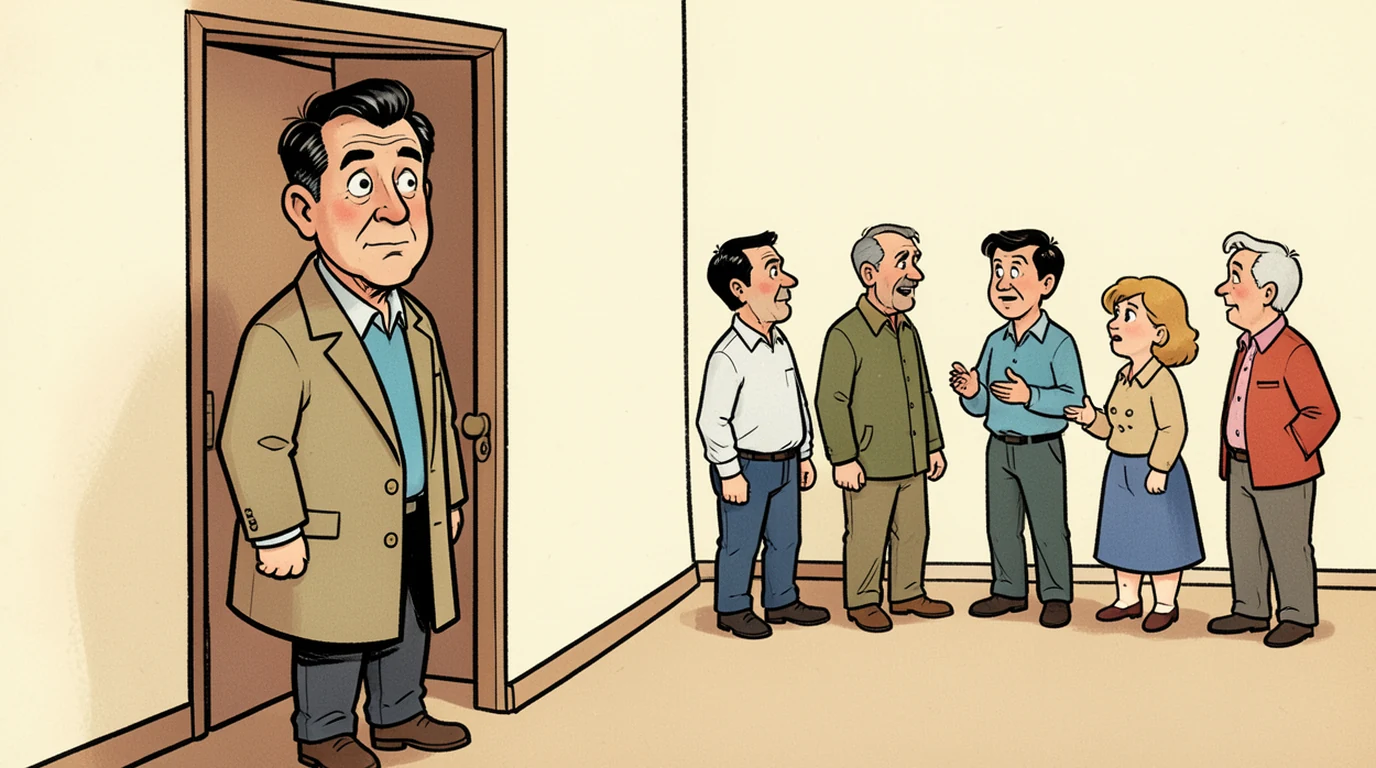 Cartoon: a man stands in a doorway with his coat still on, looking into a room where a group is already talking, taking up the right third of the picture