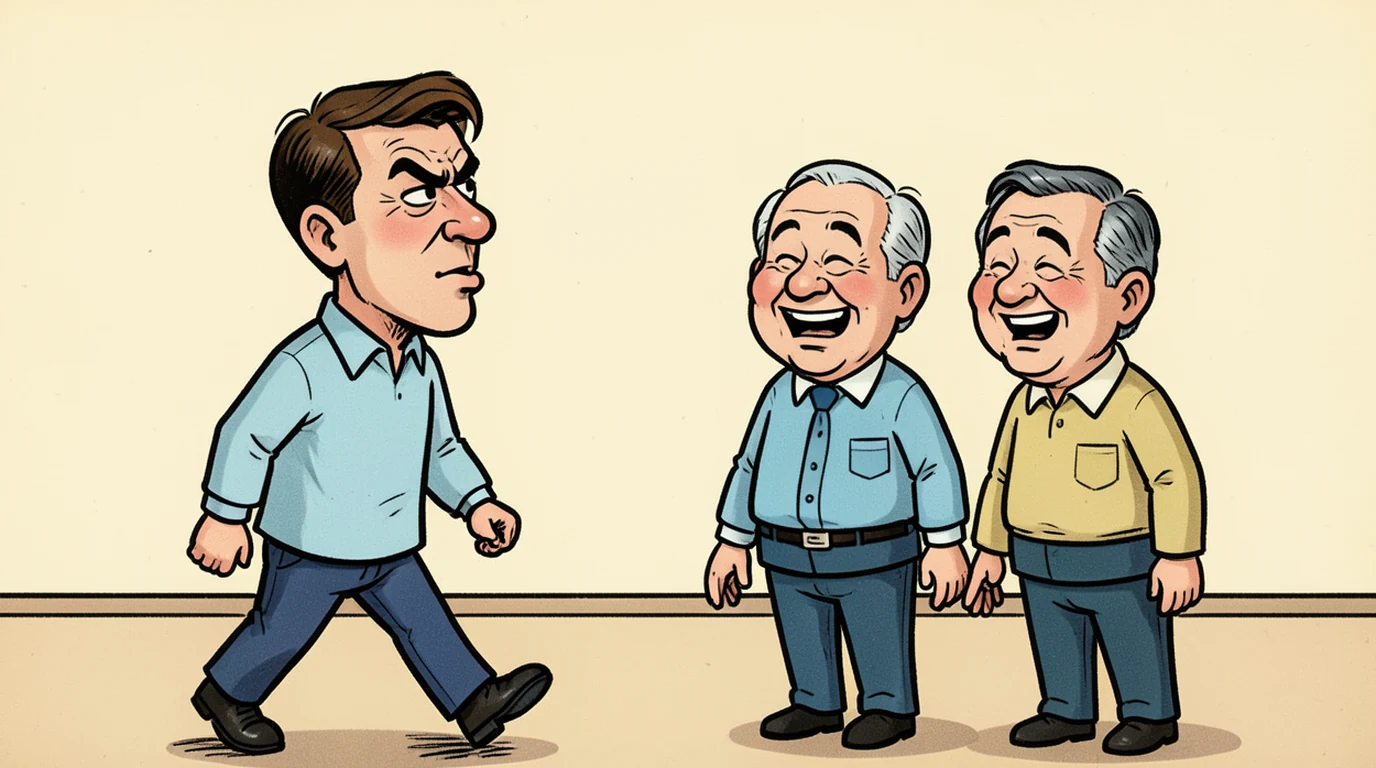 Cartoon: a man walks past two colleagues who are laughing together, on the left of the picture, his head turned very slightly toward them