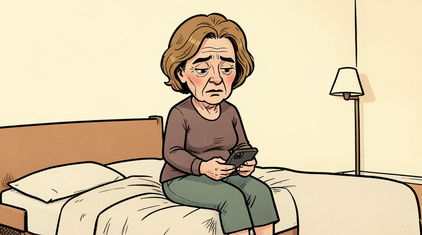 Cartoon: a woman in her forties sits on the end of her bed holding a phone face down in her lap, staring at the wall, in the middle of the picture