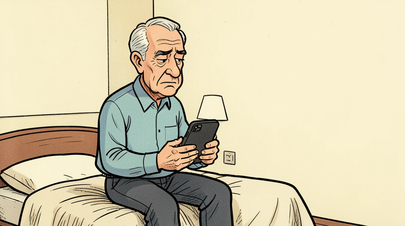 Cartoon: a man in his forties sits on the end of a bed, elbows on his knees, a phone held still in both hands in his lap, looking down at it without moving