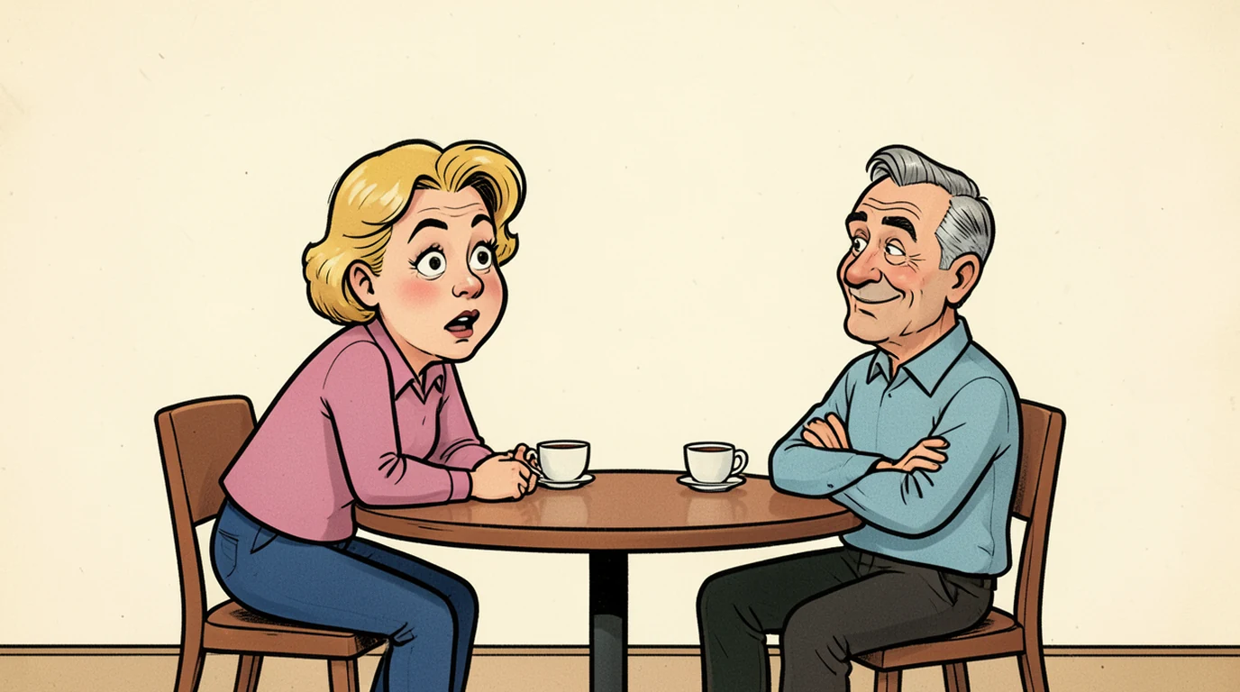 Cartoon: a woman leans all the way forward across a small cafe table, both elbows on it, in the left half of the picture