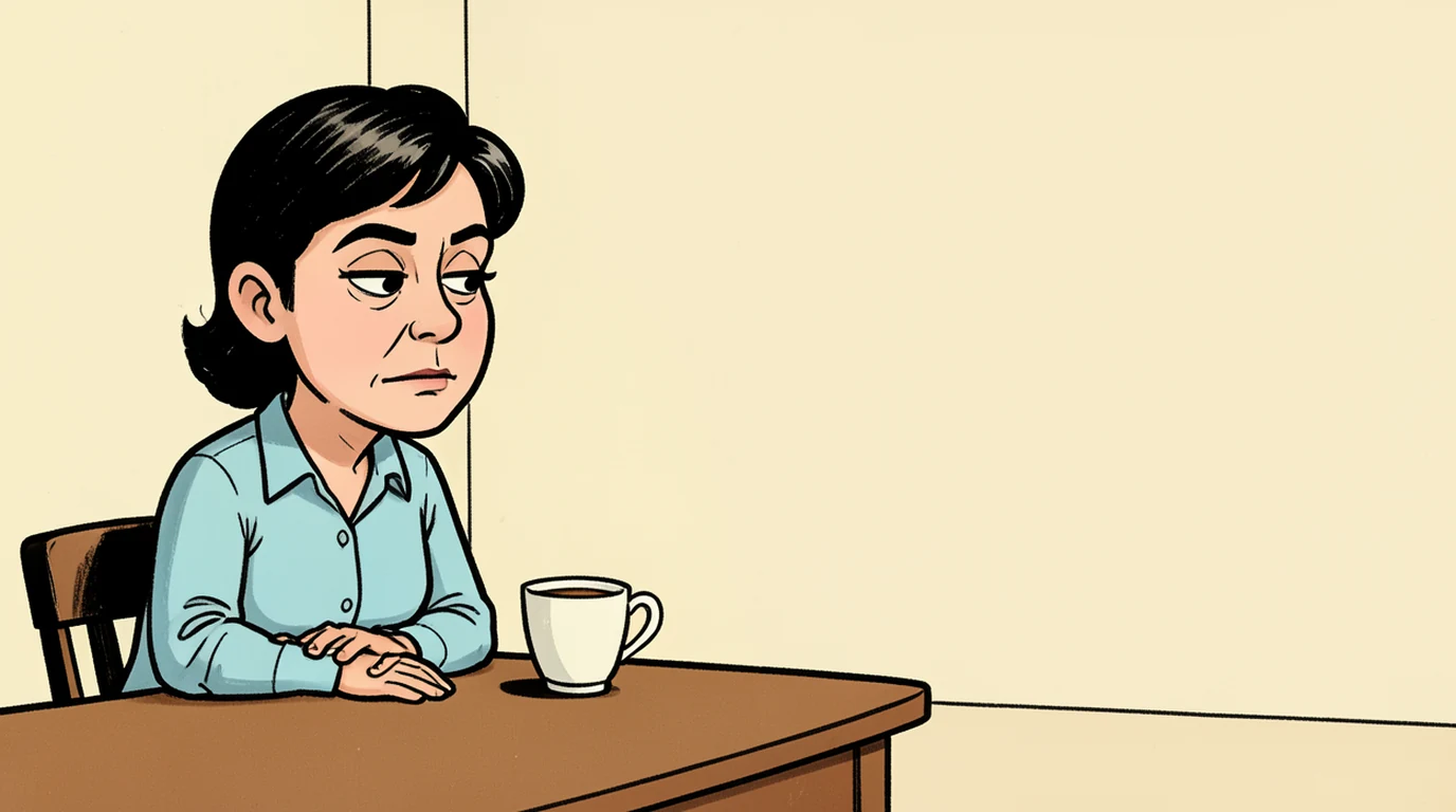 Cartoon: a woman sits alone at a kitchen table in the left half of the picture, still, looking at nothing