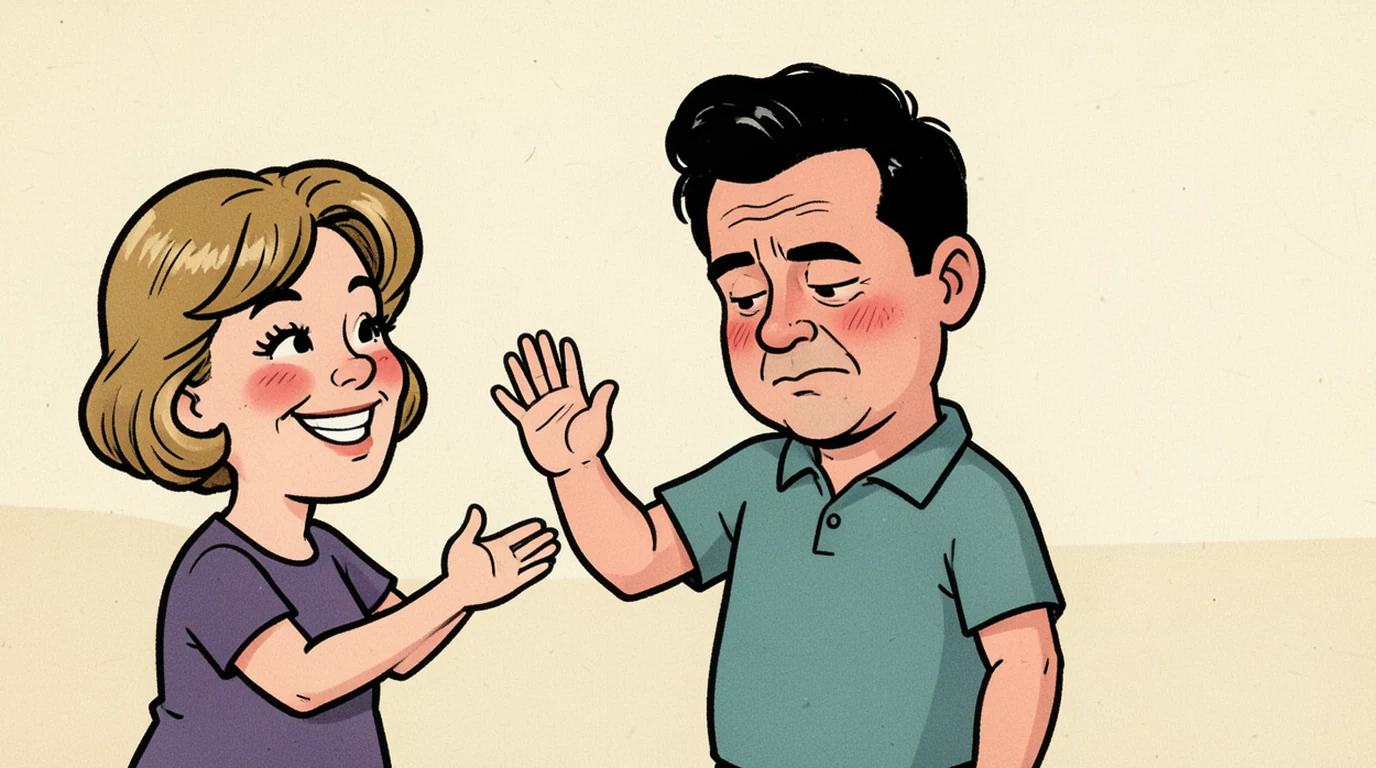 Cartoon: a woman at a party is being complimented by somebody and is waving it away with one hand, shoulders up