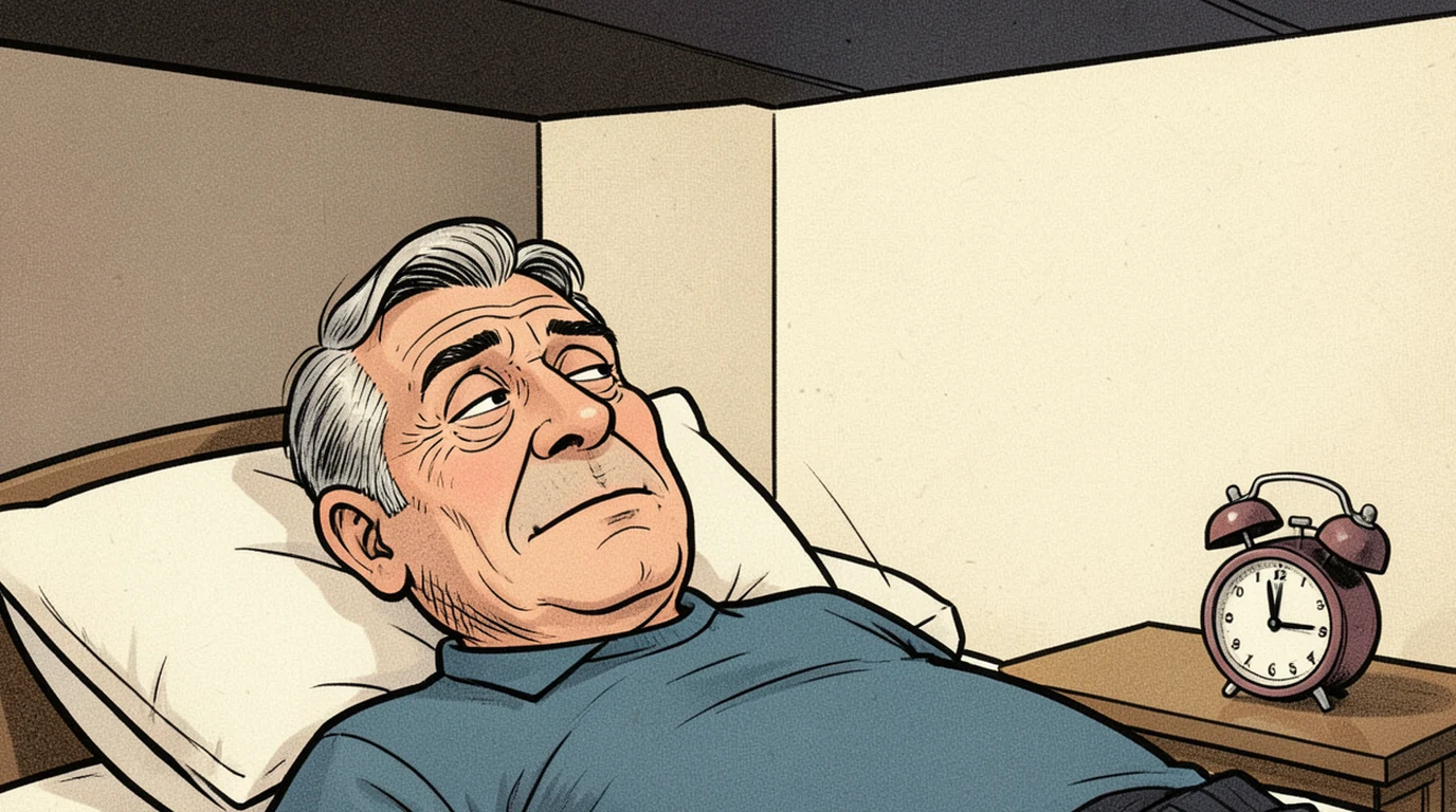 Cartoon: a man in his fifties lies awake on his back in bed at night, eyes open, taking up the lower half of the picture