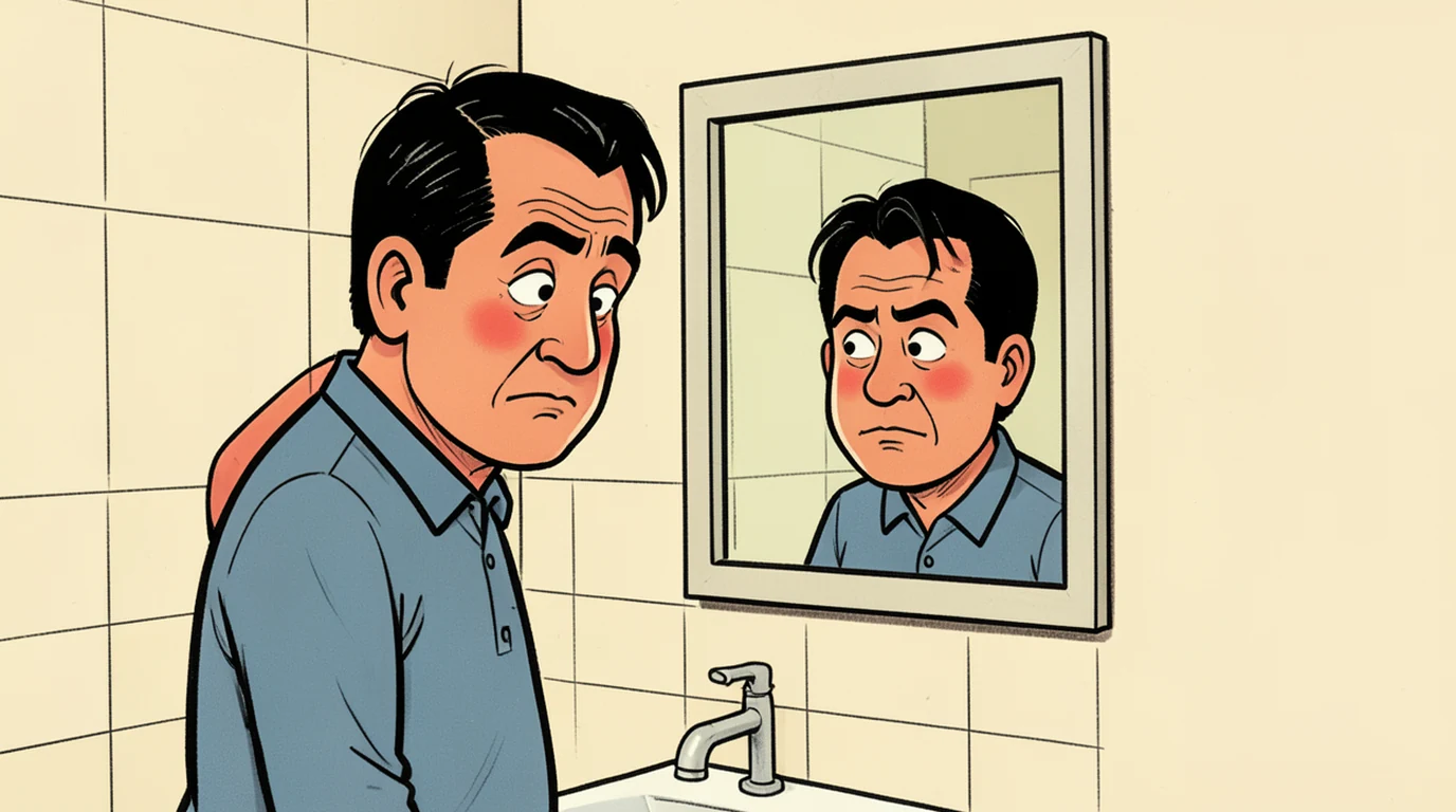 Cartoon: a man stands close to a bathroom mirror looking at his own reflection, on the left of the picture