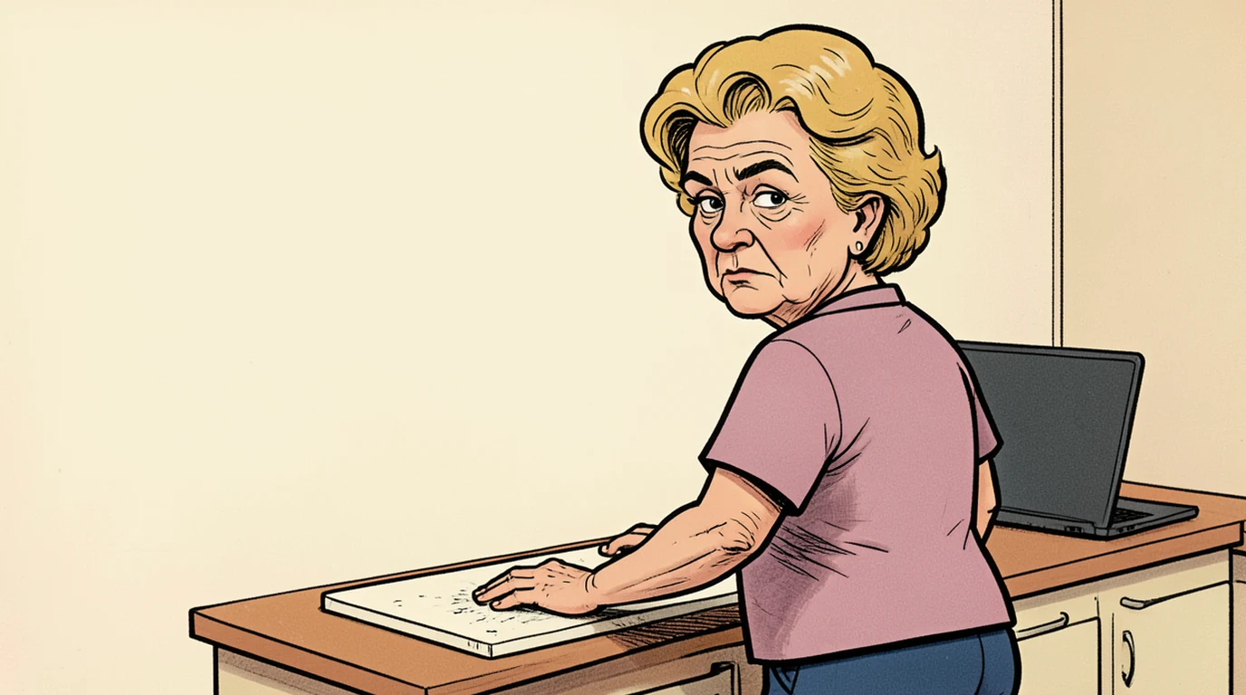 Cartoon: a woman in her forties stands wiping a kitchen worktop very thoroughly, filling the right half of the picture, her back to the table