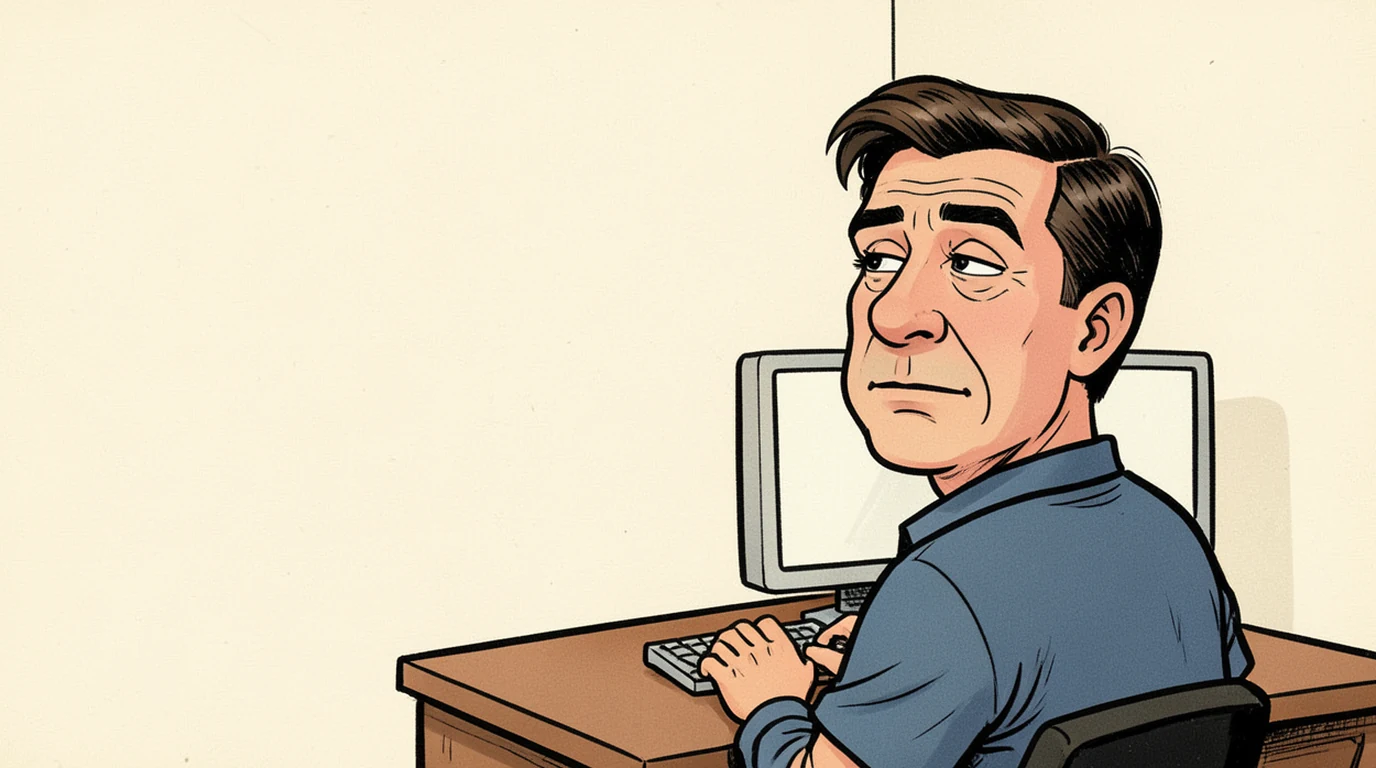 Cartoon: a man sits at a desk turned away from his work, looking at the ceiling, in the right half of the picture