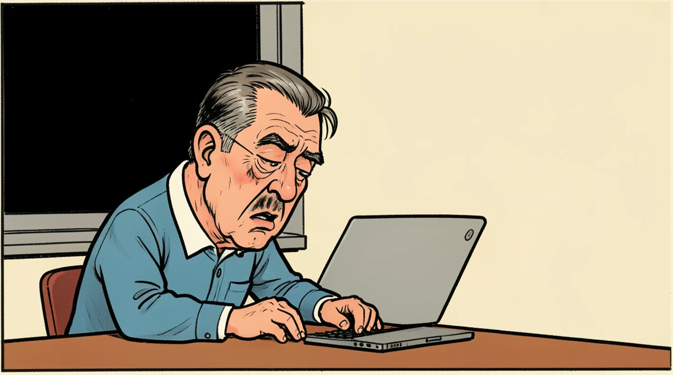 Cartoon: a man works at a desk in the middle of the night, hunched close to the screen, in the left half of the picture